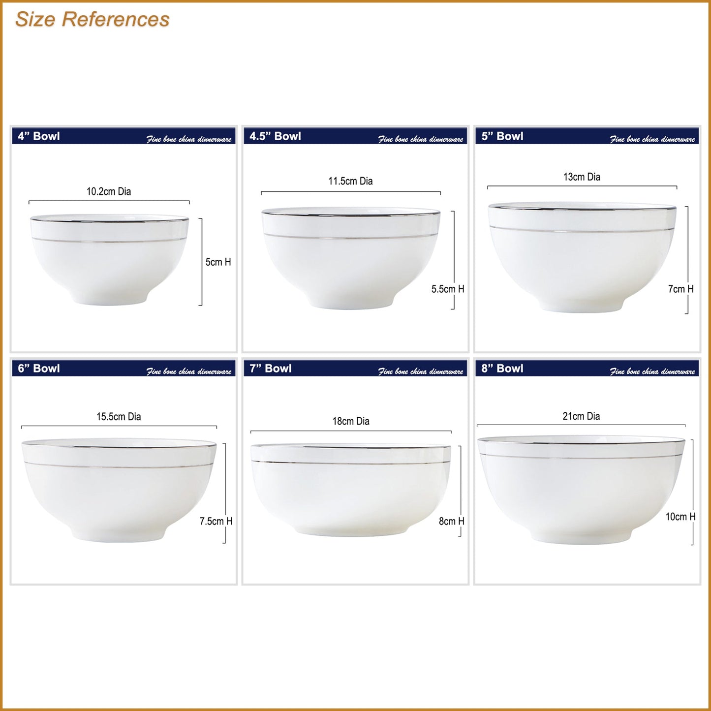 Bone China Round Bowl - White with Silver Rim & Foot