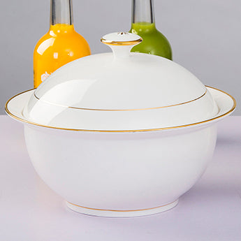 Bone China Round Soup Tureen - White with Gold Rim