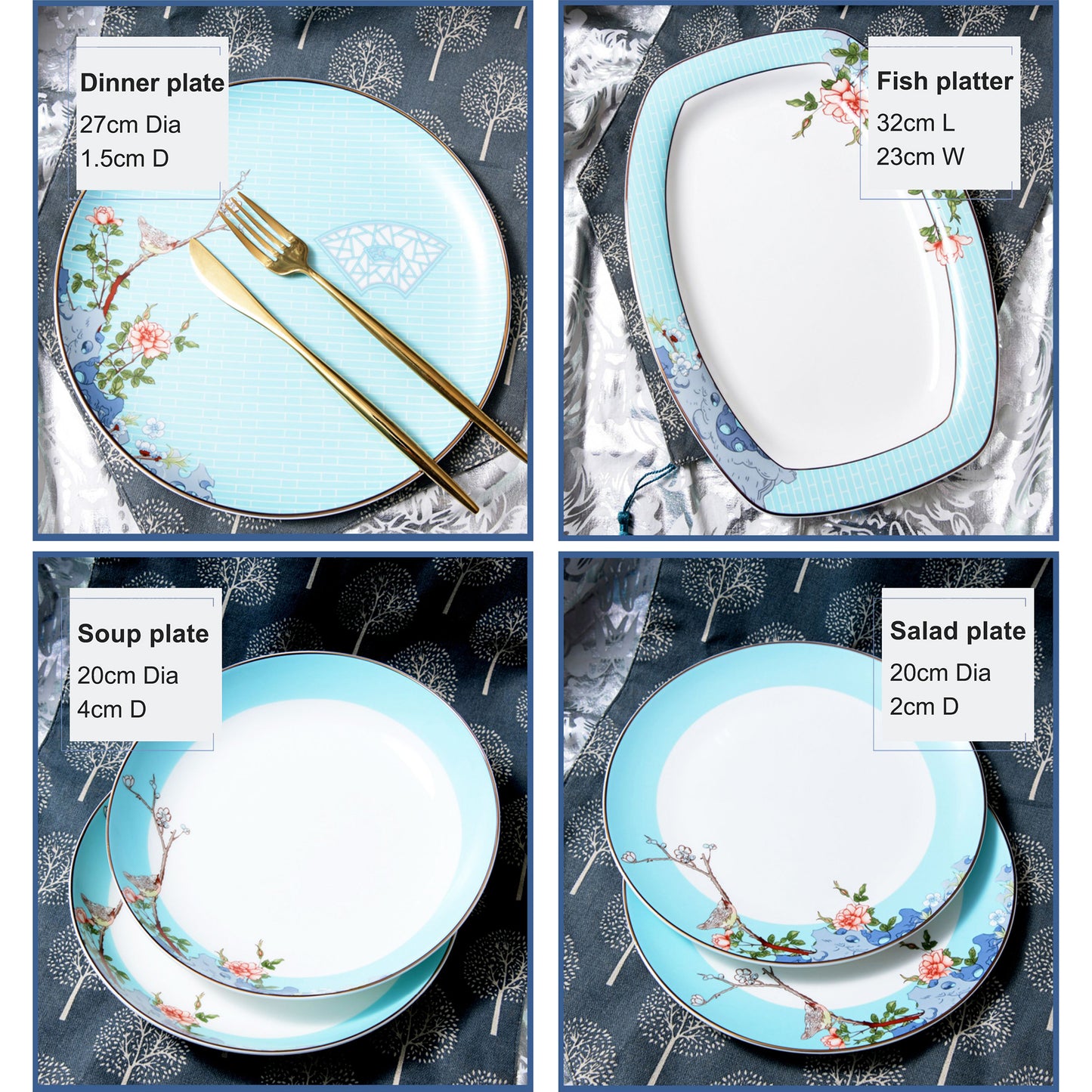 Luxury Bone China Dining Ware Collection - Embossed Gold on Enameling of Floral Motif with Blue Background