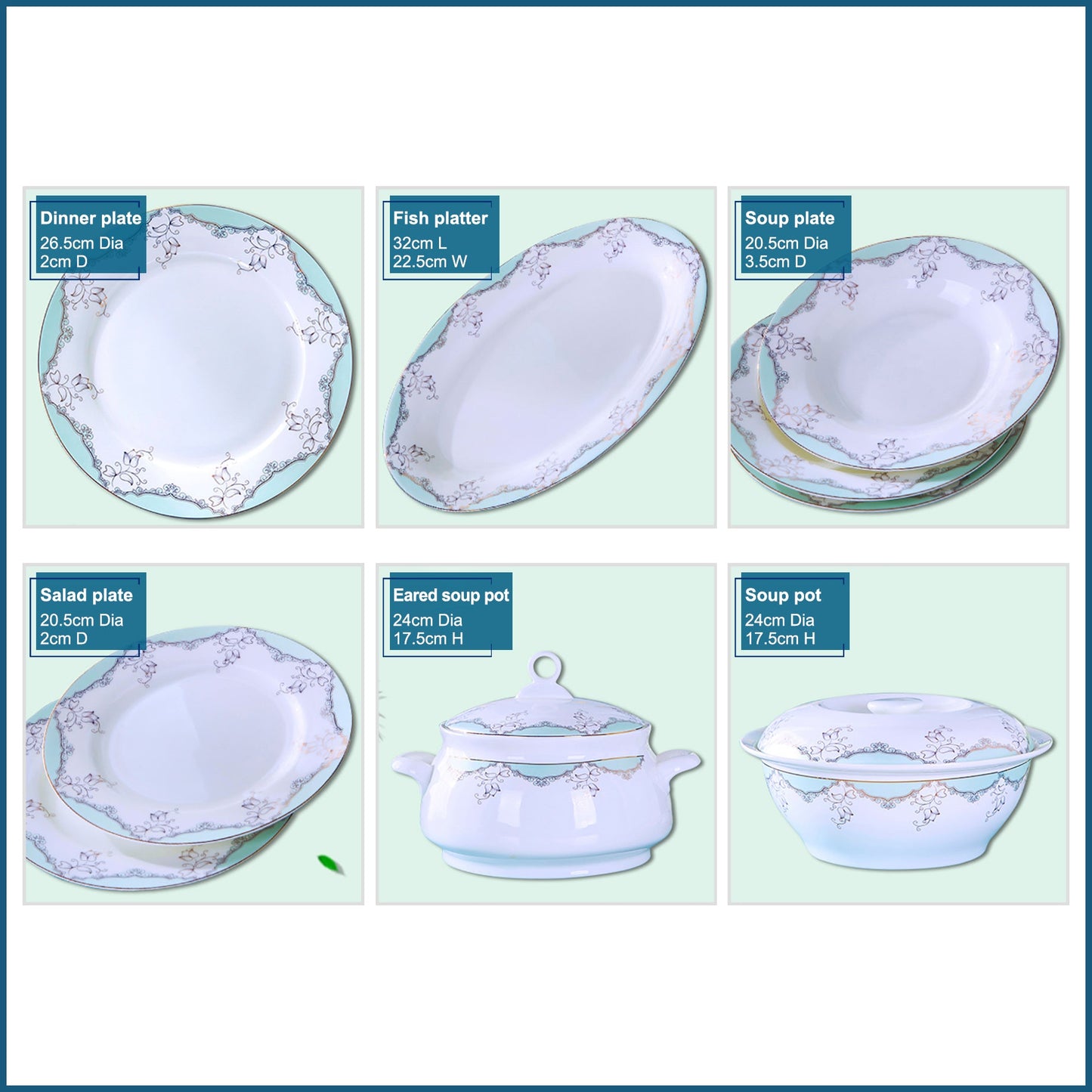 Bone China Dinnerware Set - Decorative Pattern in Pale Blue