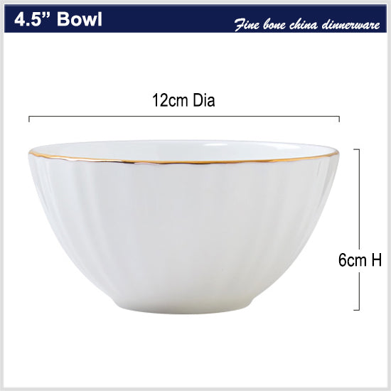 Bone China Ribbed Bowl - White with Gold Rim