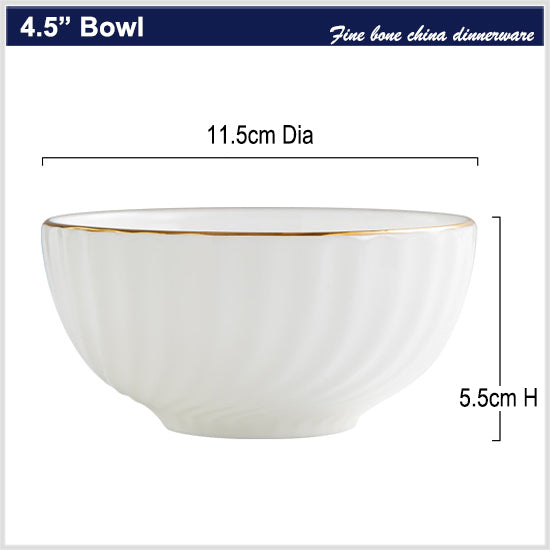 Bone China Round Bowl - Curved Ridges & Gold Rim