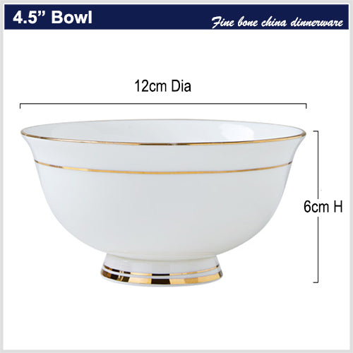 Bone China Round Bowl - White with Gold Rim & Foot