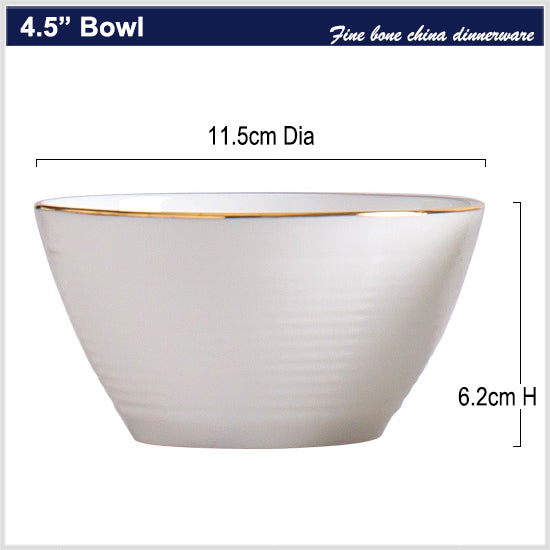 Bone China Round Bowl - Horizontal Ridges & Gold Rim