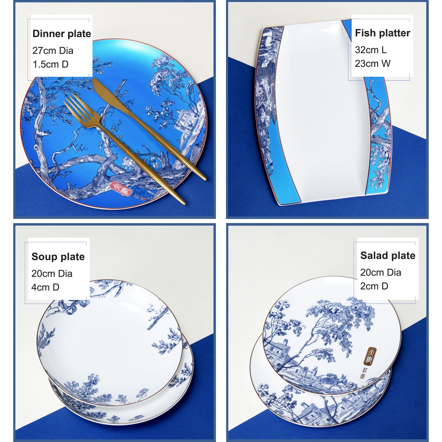 Luxury Bone China Dining Ware Collection - Enameling of Landscape Design in Gradient Blue