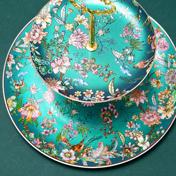 Bone China Cake Stand - Enameling of Floral Motif in Green