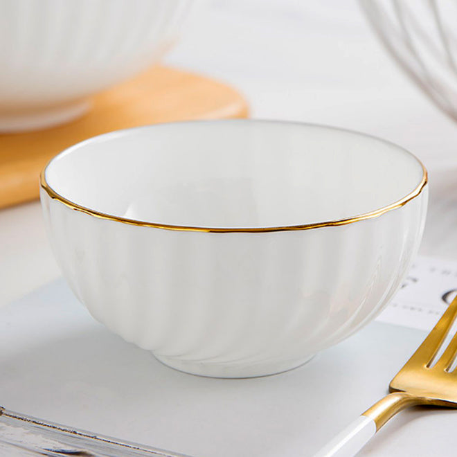 Bone China Round Bowl - Curved Ridges & Gold Rim