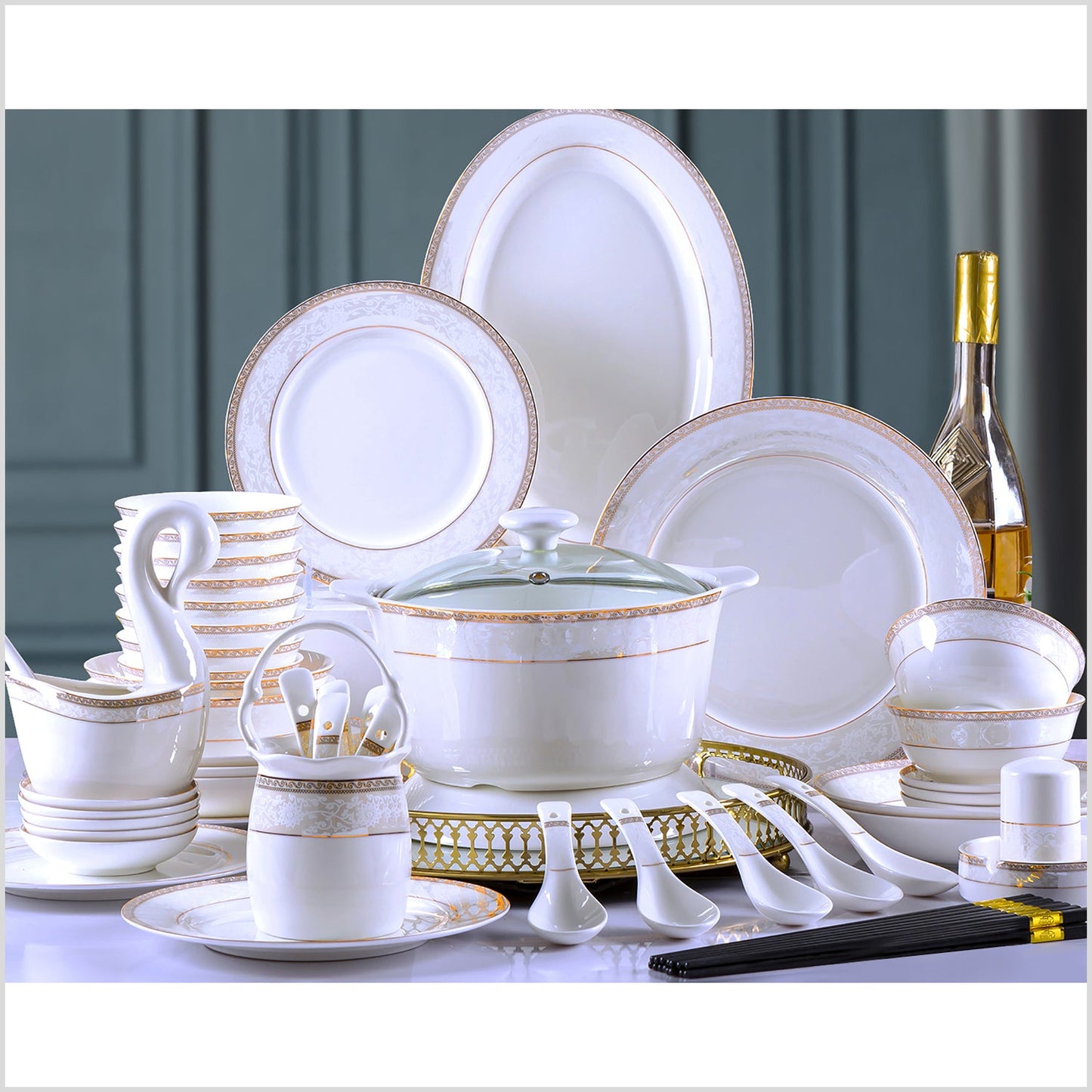 Bone China Dinnerware Set - Decorative Rim in Gold & Brown with Pale Pattern