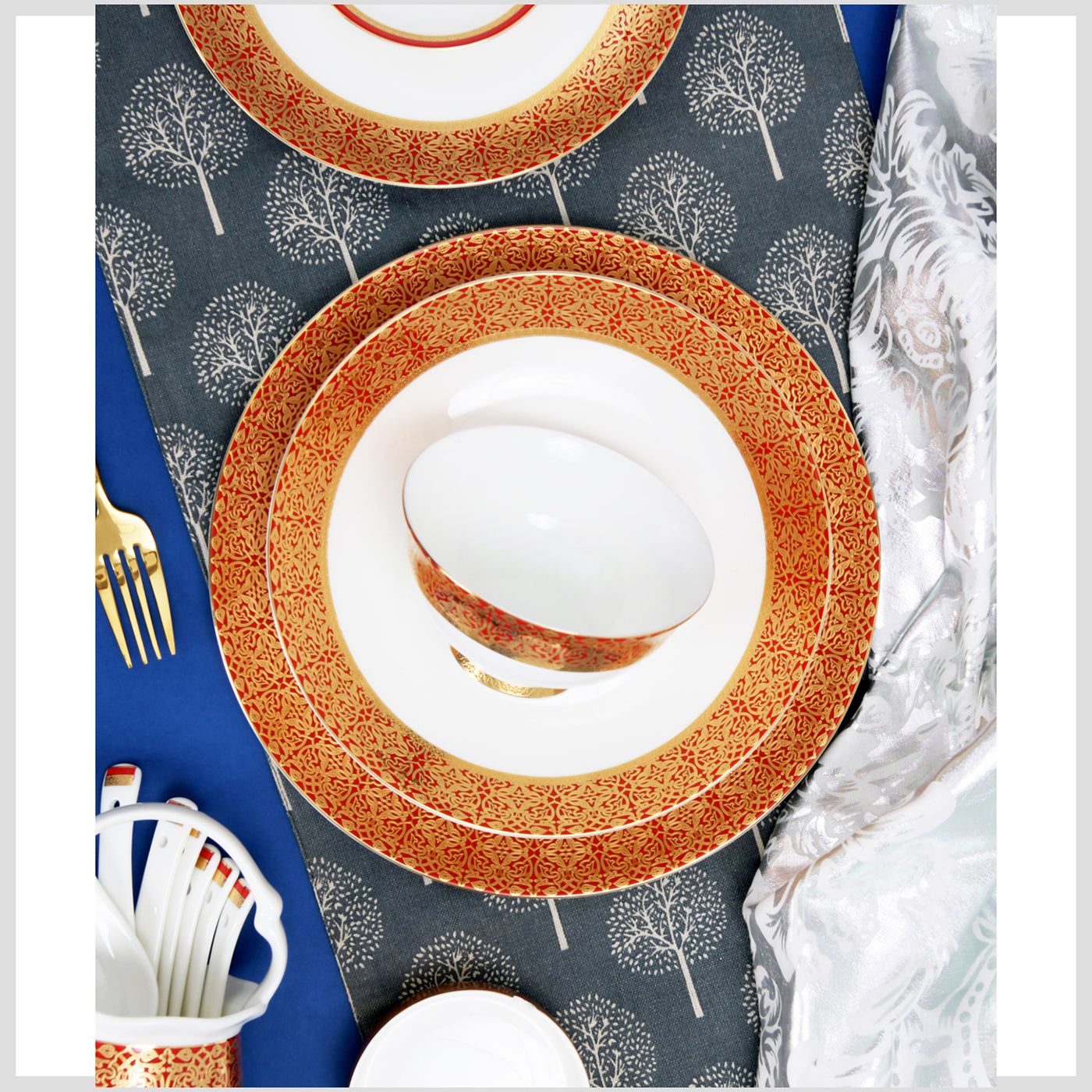 Luxury Bone China Dining Ware Collection - Embossed Gold & Enameling in Red