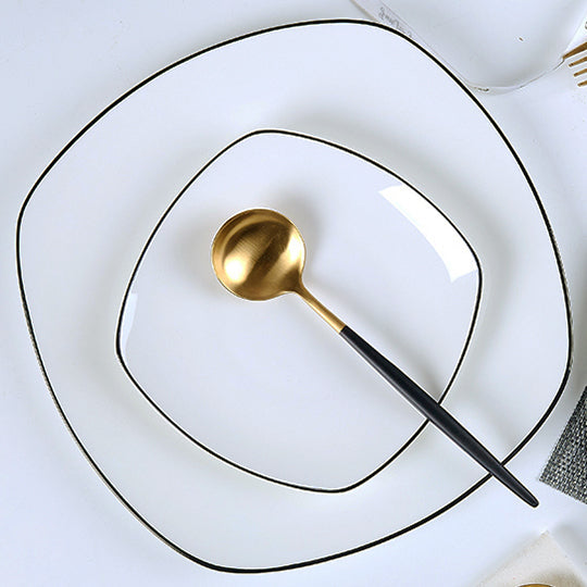 Bone China Flat Plate - Square Shaped with Black Rim
