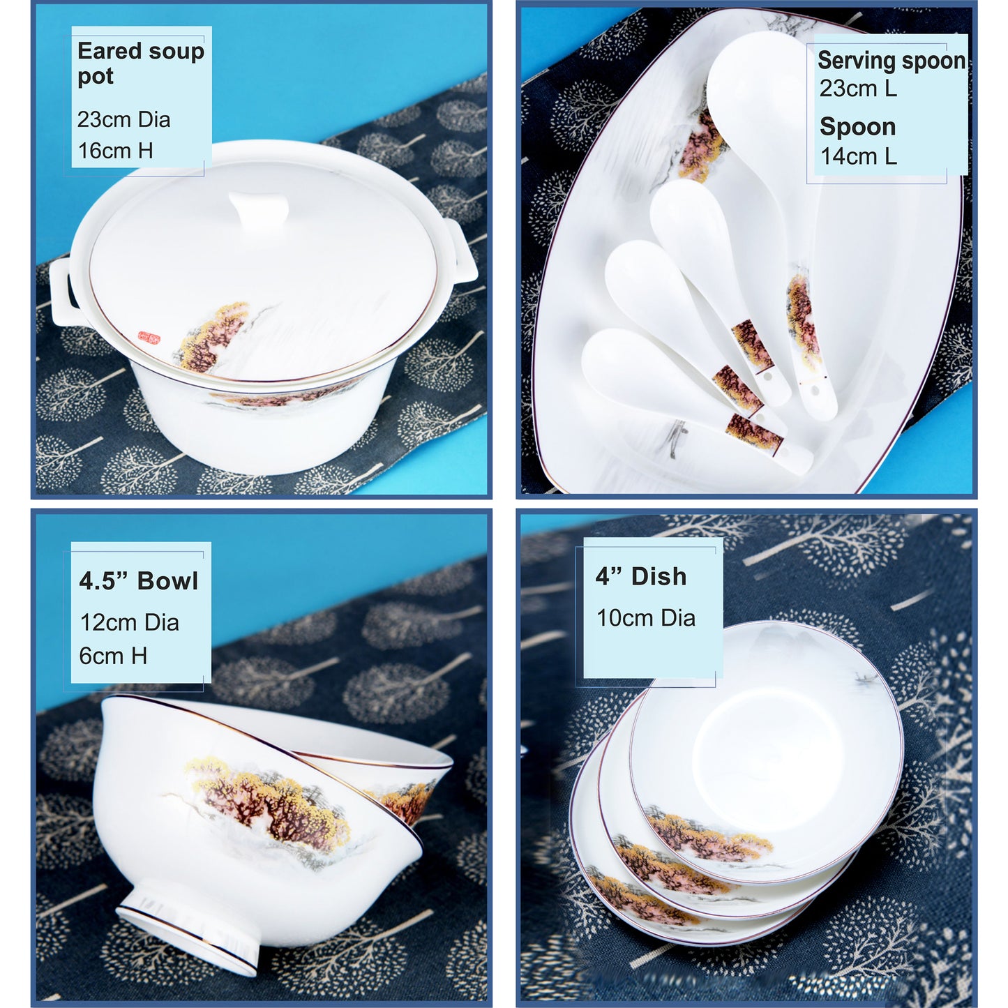 Luxury Bone China Dining Ware Collection - Embossed Gold & Enameling of Landscape Motif