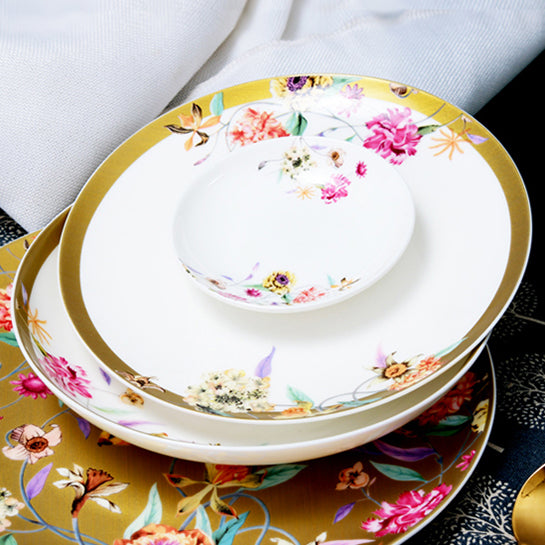 Luxury Bone China Dining Ware Collection - Enameling of Floral Motif in Golden Background