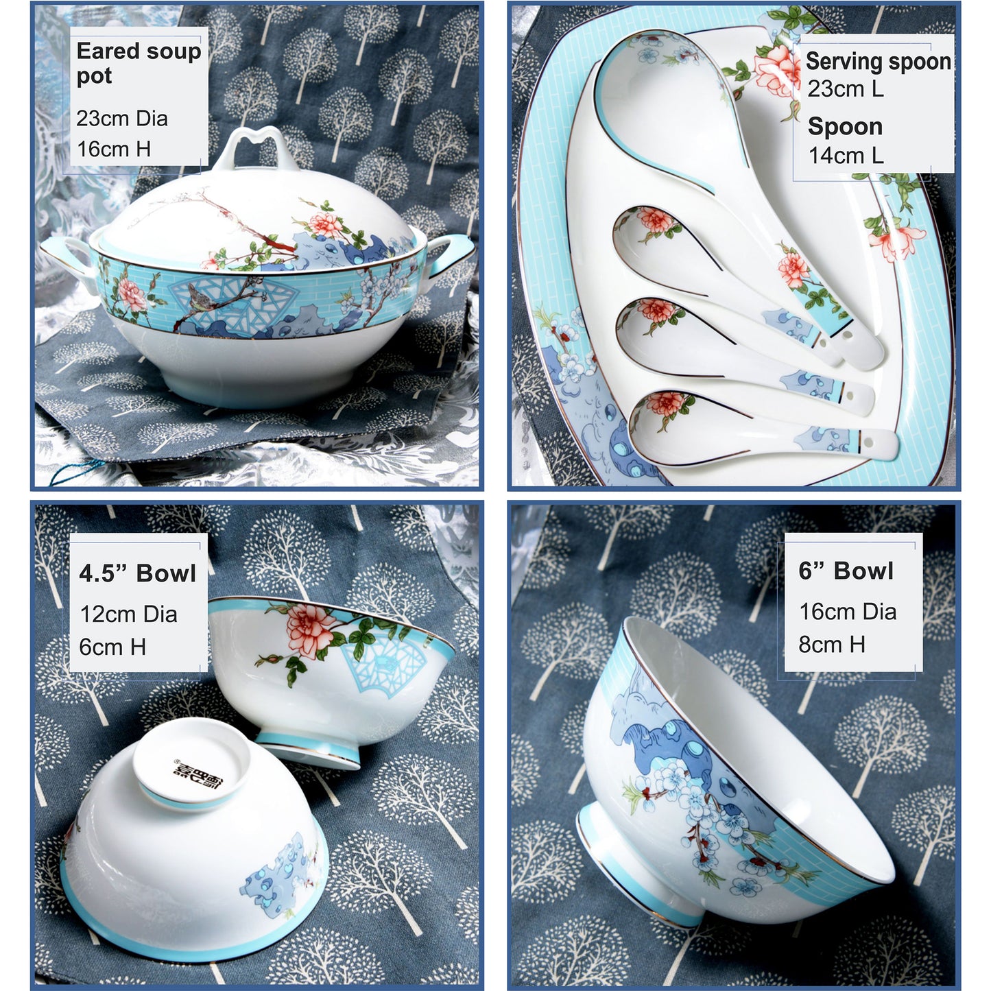 Luxury Bone China Dining Ware Collection - Embossed Gold on Enameling of Floral Motif with Blue Background