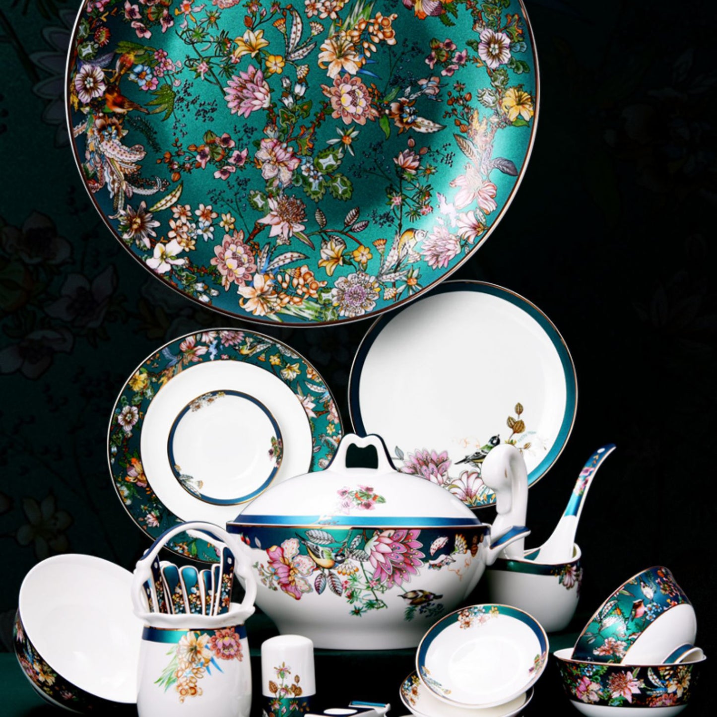 Luxury Bone China Dining Ware Collection - Enameling of Floral Motif in Green