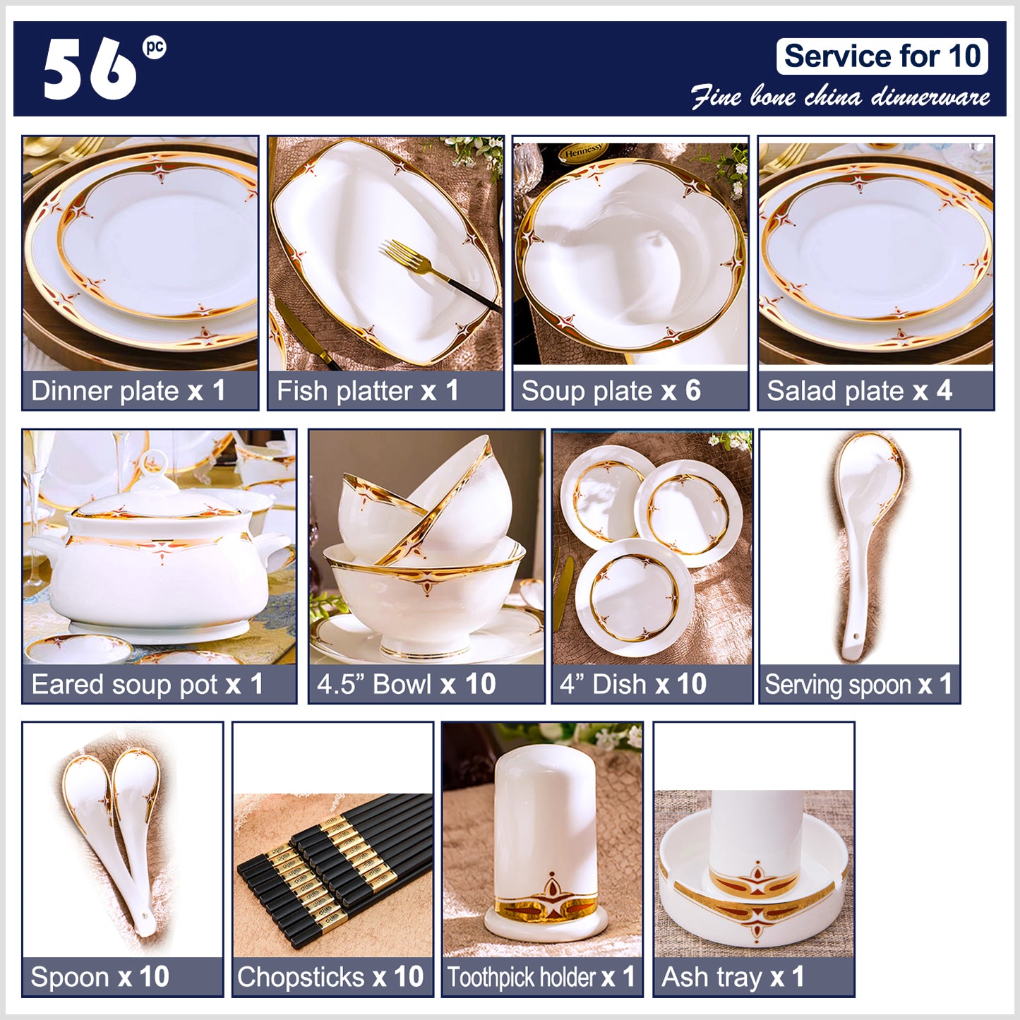 Bone China Dinnerware Set - Decorative Rim in Gold & Rich Colors