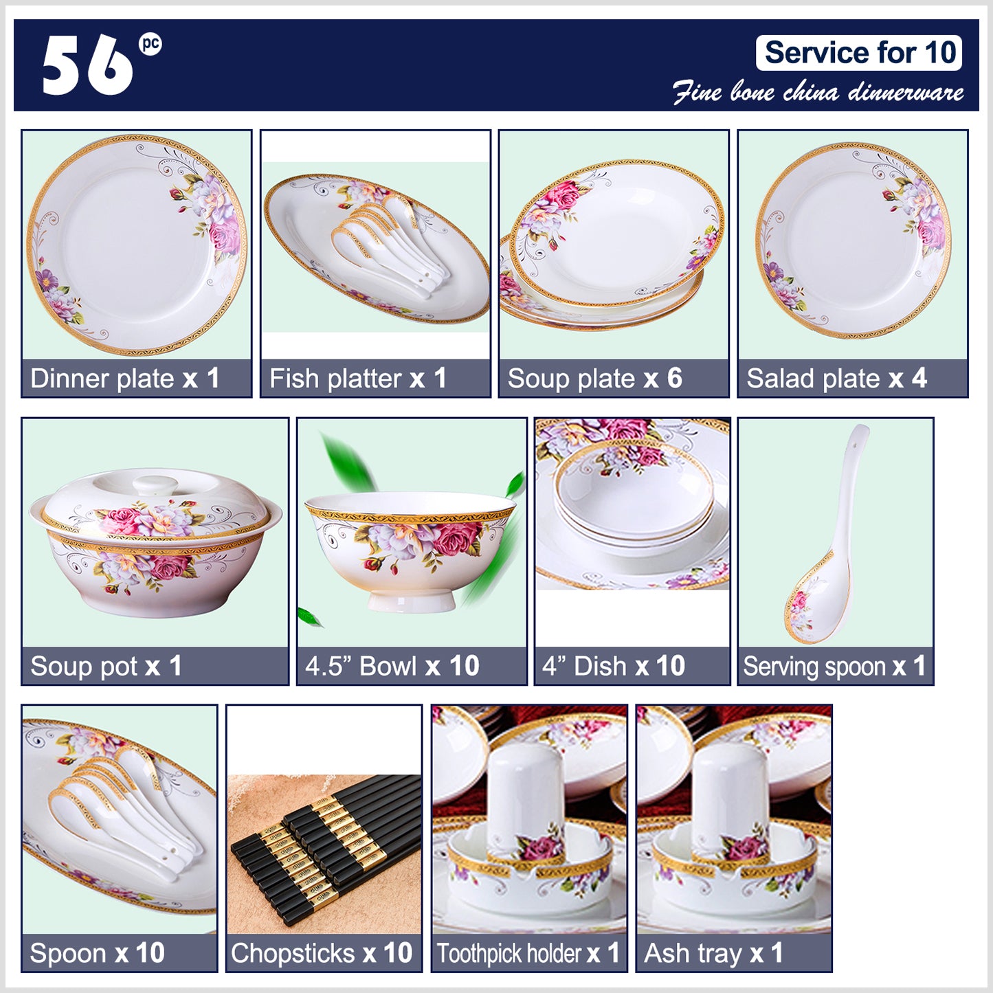 Bone China Dinnerware Set - Colorful Floral Motif & Decorative Rim