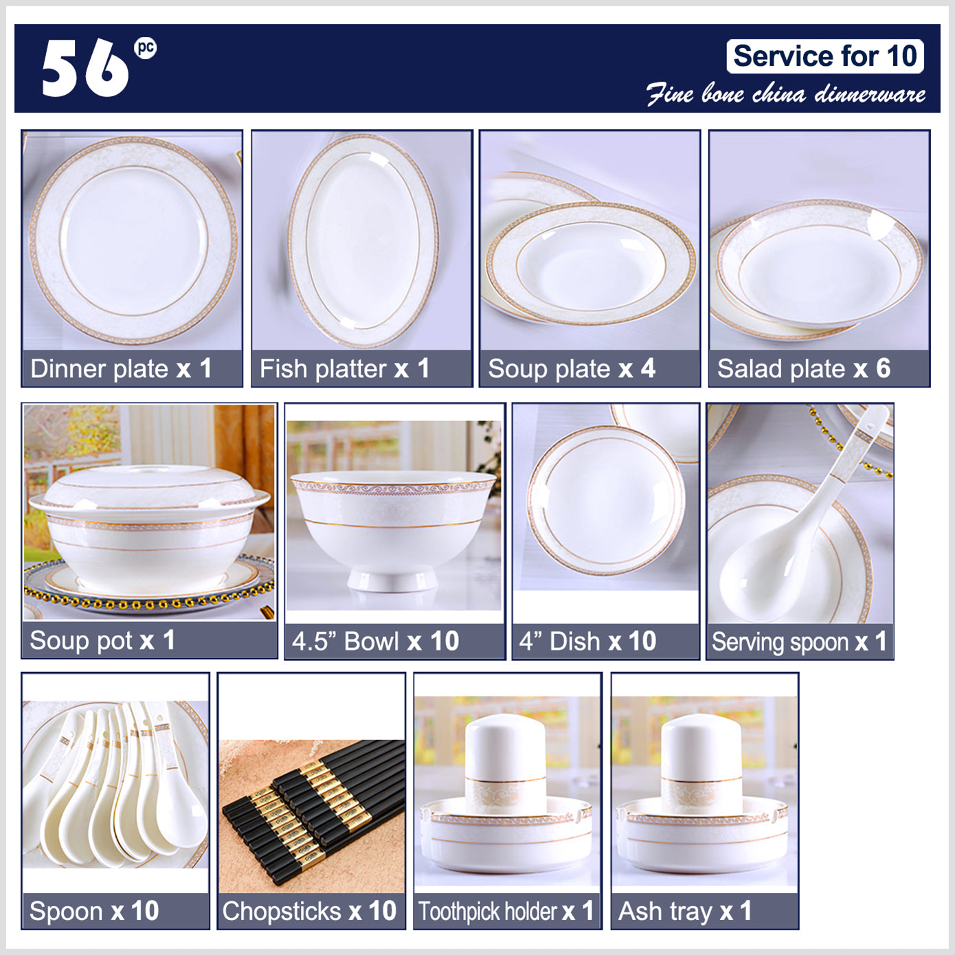 Bone China Dinnerware Set - Decorative Rim in Gold & Brown with Pale Pattern