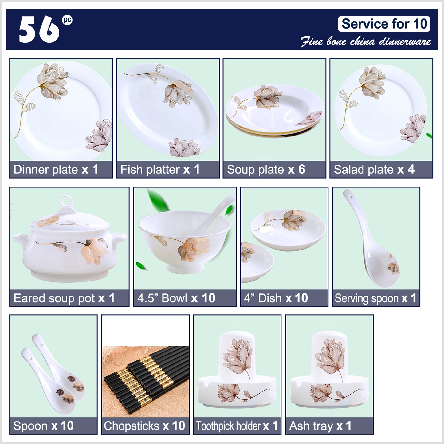 Bone China Dinnerware Set - Abstract Floral Design in Gold