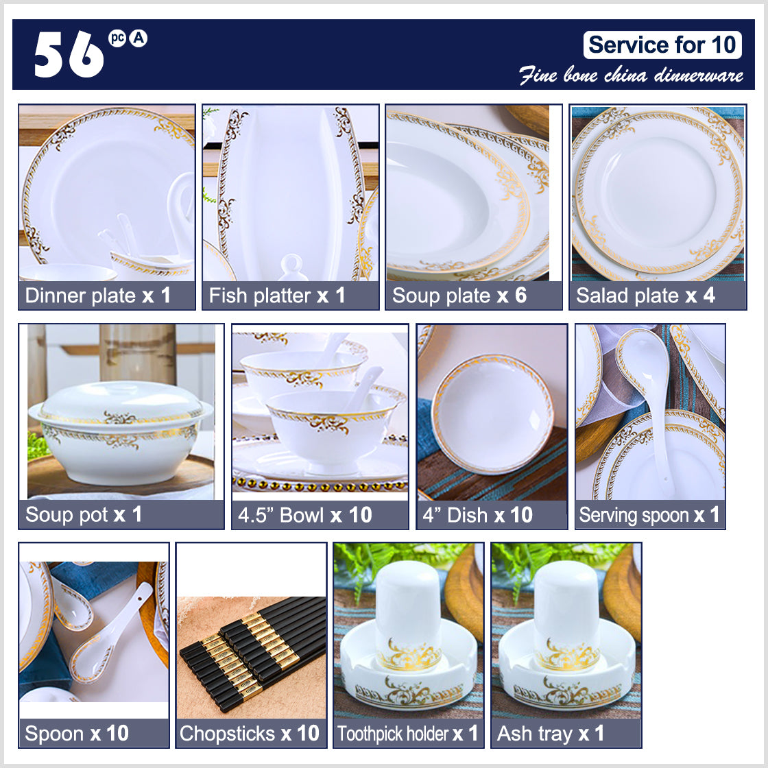 Bone China Dinnerware Set - Gold Inlay of Decorative Rim