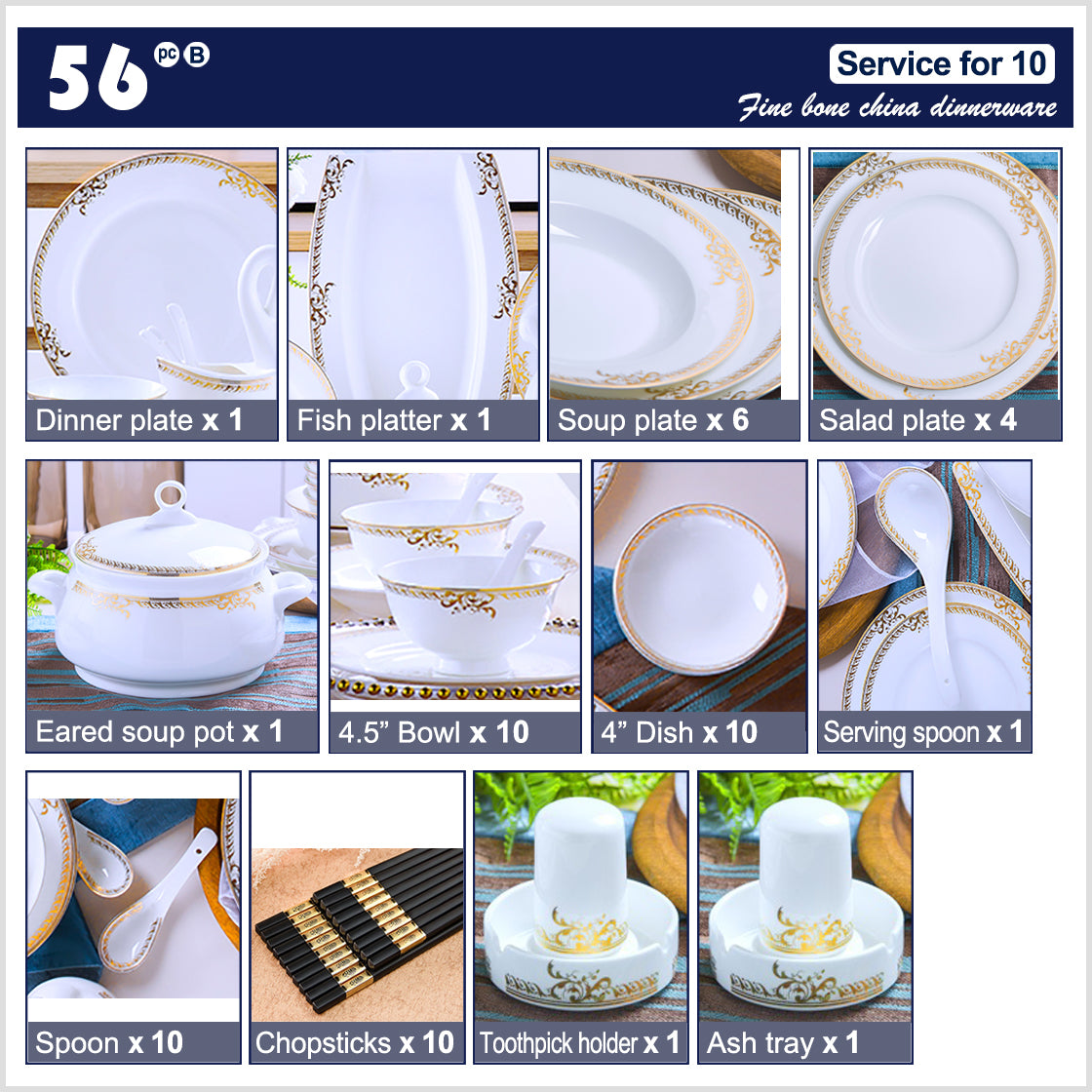 Bone China Dinnerware Set - Gold Inlay of Decorative Rim