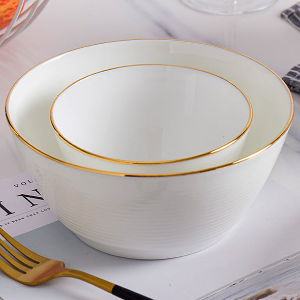 Bone China Round Bowl - Horizontal Ridges & Gold Rim