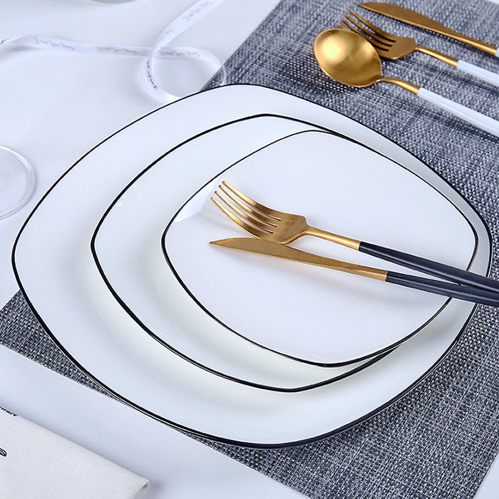 Bone China Flat Plate - Square Shaped with Black Rim