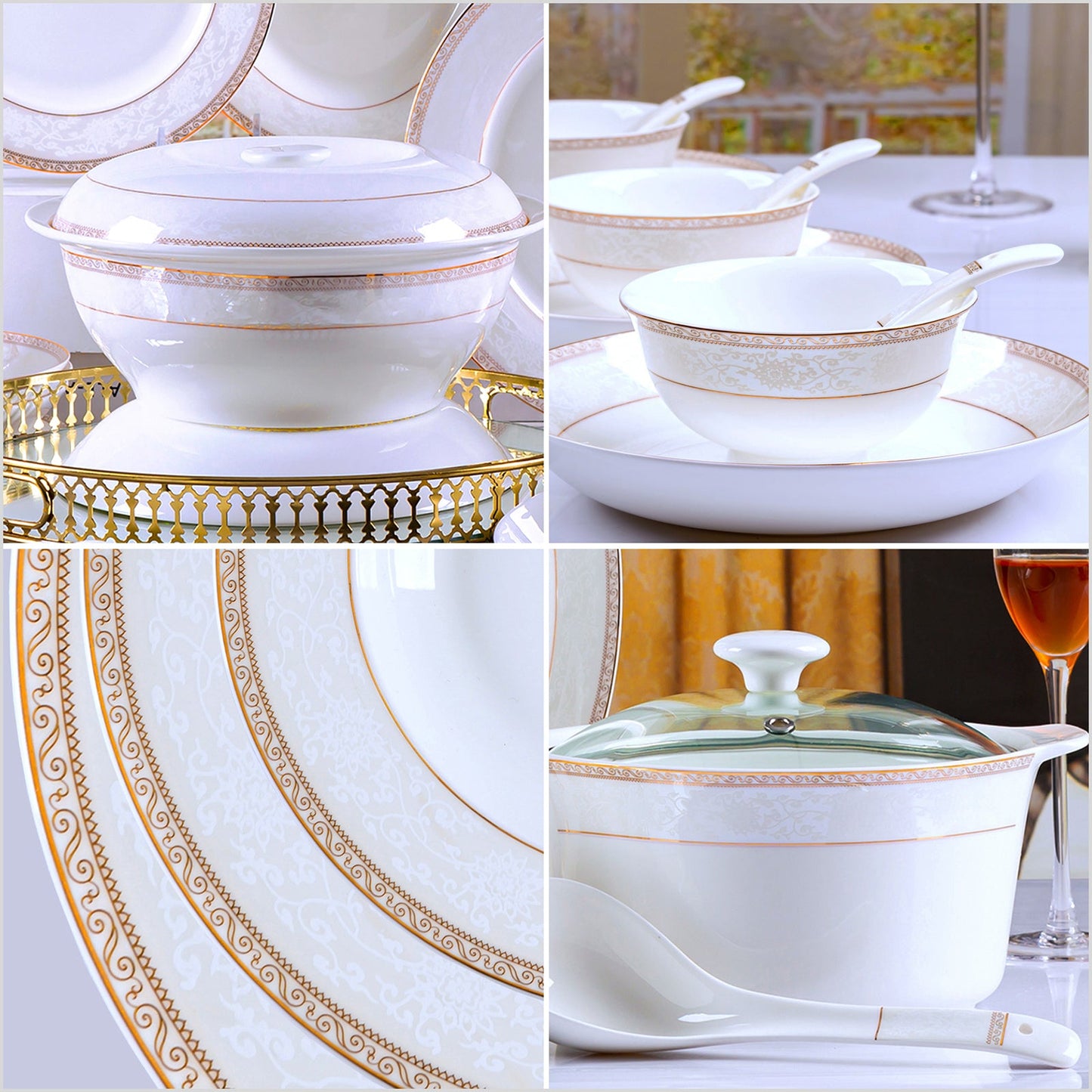 Bone China Dinnerware Set - Decorative Rim in Gold & Brown with Pale Pattern