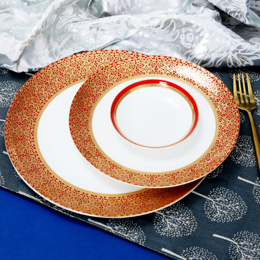 Luxury Bone China Dining Ware Collection - Embossed Gold & Enameling in Red