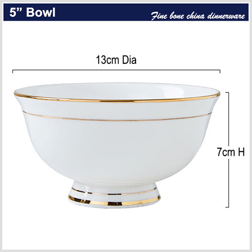 Bone China Round Bowl - White with Gold Rim & Foot