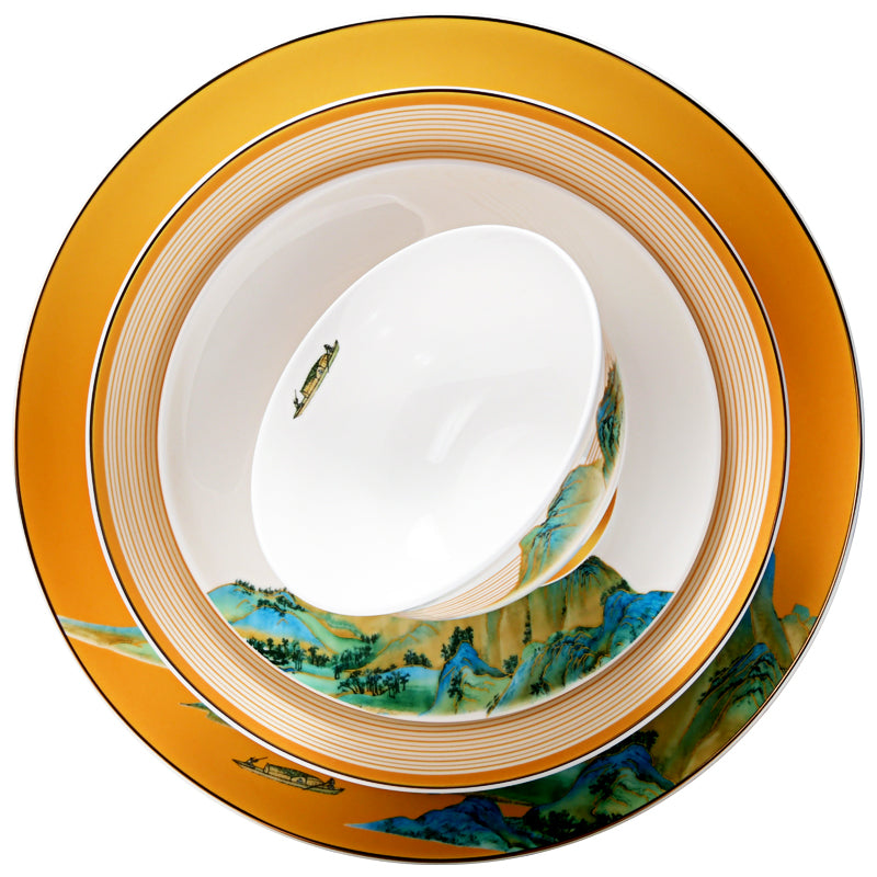 Luxury Bone China Dining Ware Collection - Embossed Gold on Enameling of Landscape Motif with Yellow Background