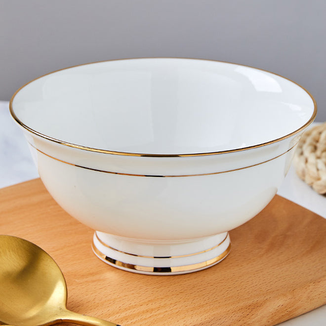 Bone China Round Bowl - White with Gold Rim & Foot