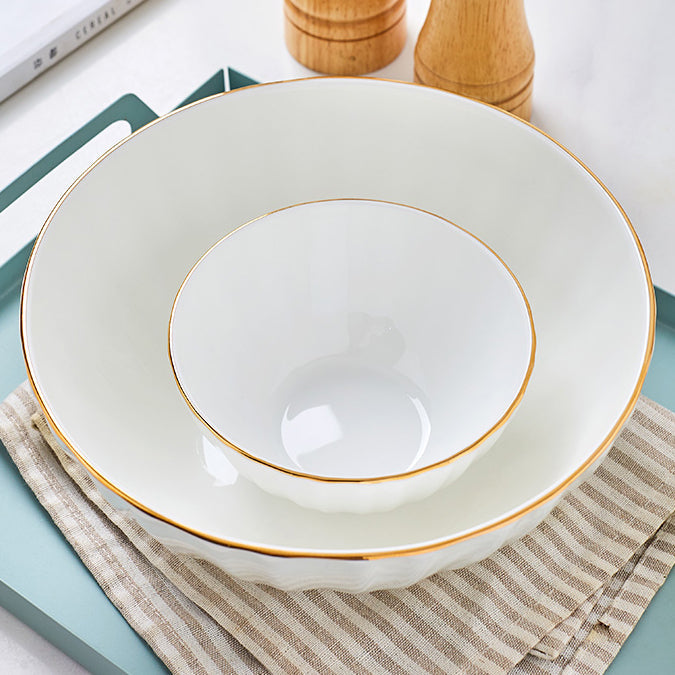 Bone China Ribbed Bowl - White with Gold Rim