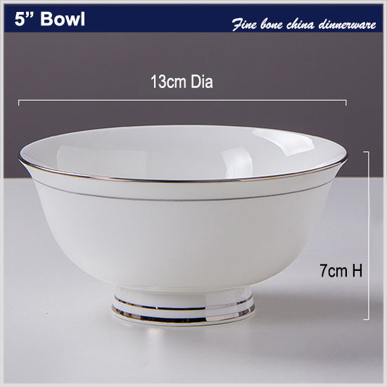 Bone China Round Bowl - White with Silver Rim & Foot