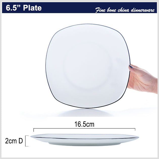 Bone China Flat Plate - Square Shaped with Black Rim