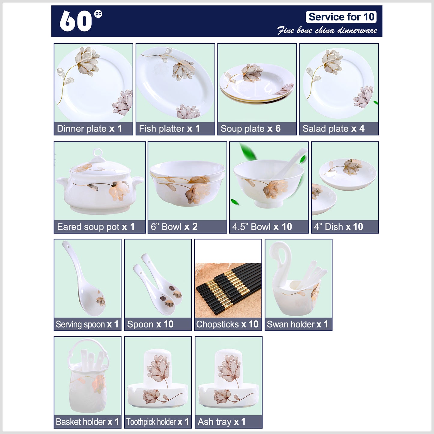 Bone China Dinnerware Set - Abstract Floral Design in Gold