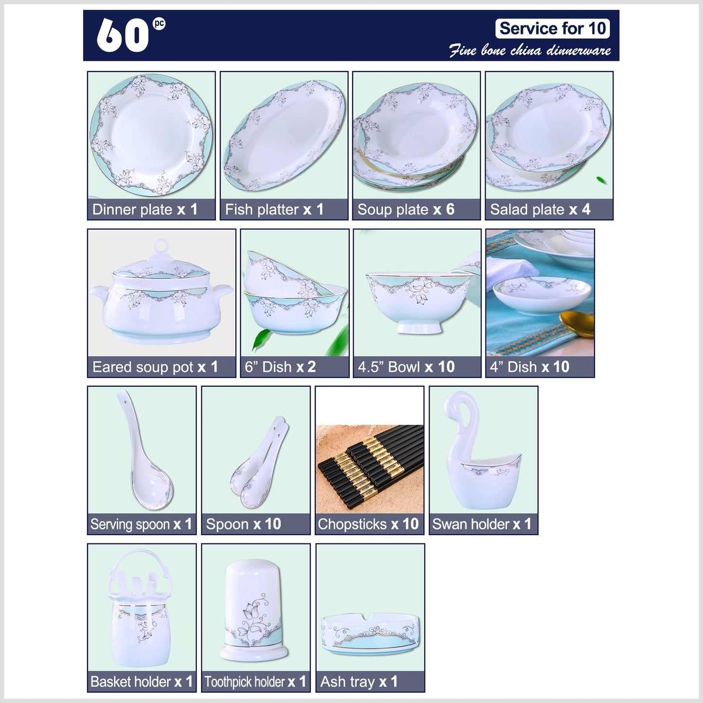 Bone China Dinnerware Set - Decorative Pattern in Pale Blue