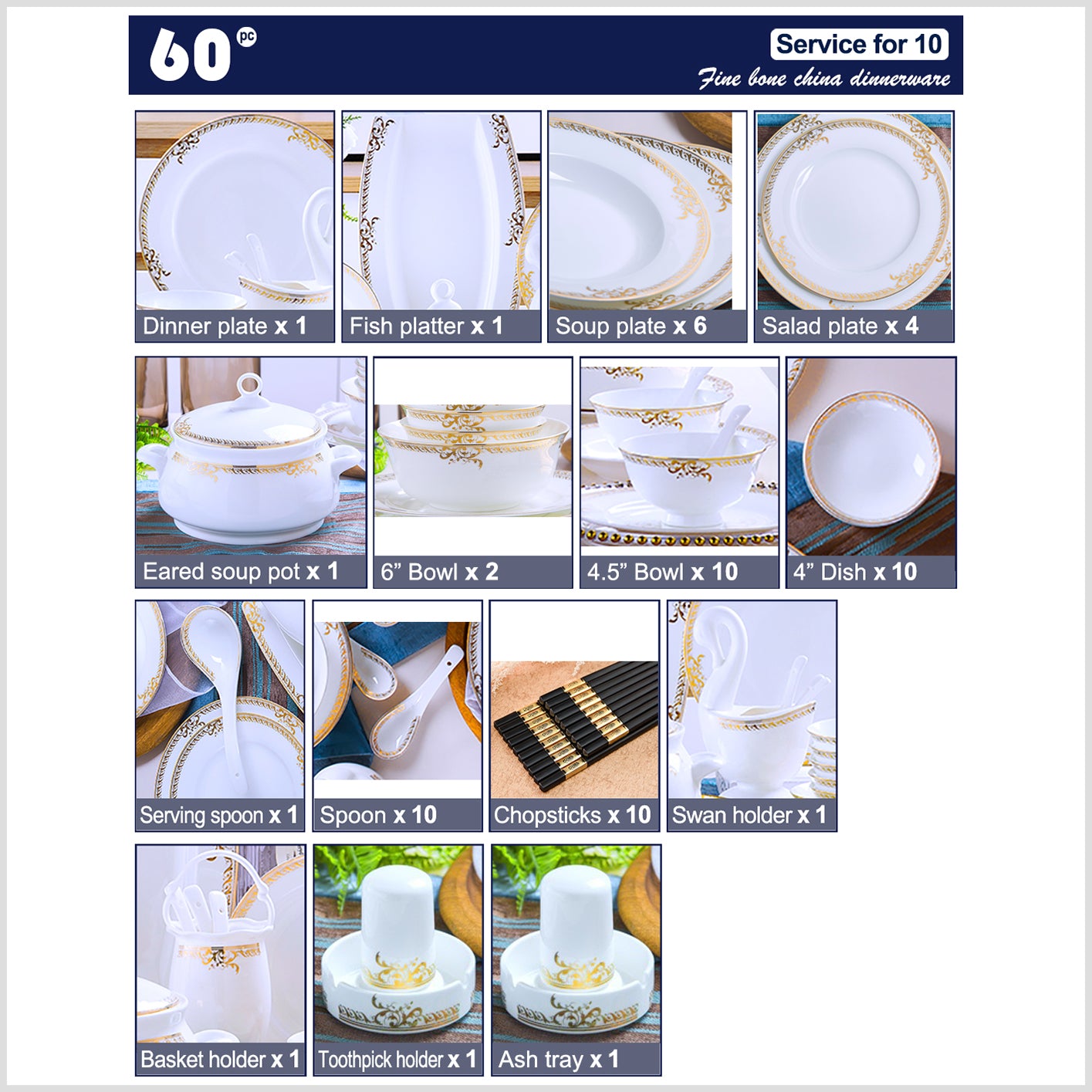 Bone China Dinnerware Set - Gold Inlay of Decorative Rim