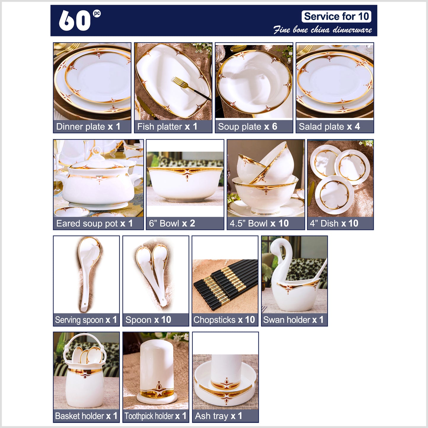 Bone China Dinnerware Set - Decorative Rim in Gold & Rich Colors