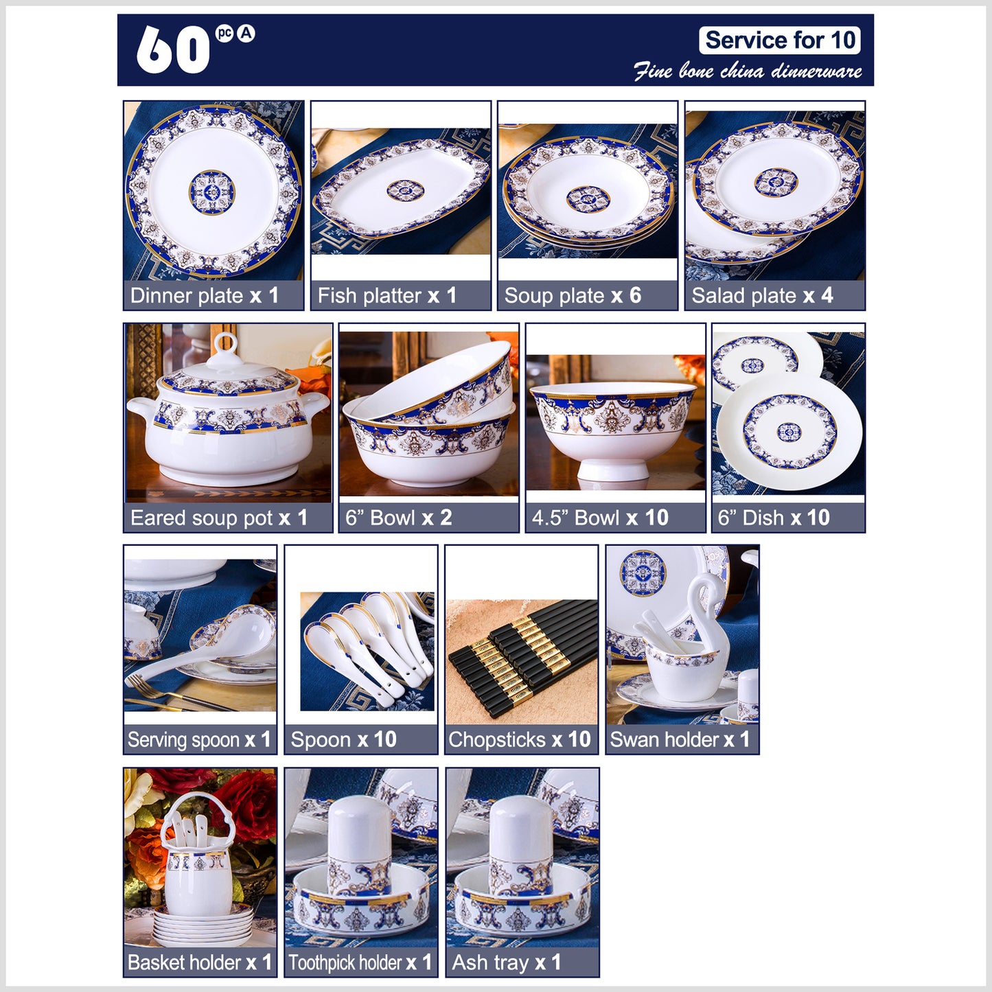 Bone China Dinnerware Set - Gold Inlay of Decorative Motif in Blue