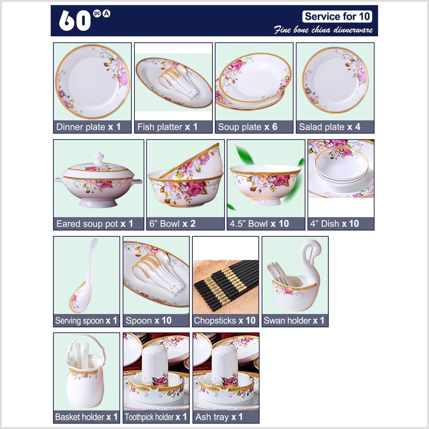 Bone China Dinnerware Set - Colorful Floral Motif & Decorative Rim