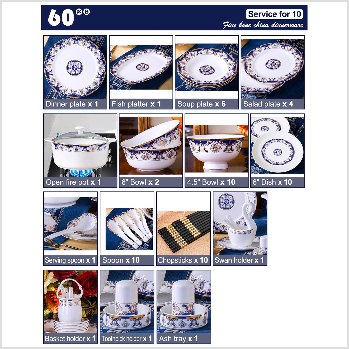 Bone China Dinnerware Set - Gold Inlay of Decorative Motif in Blue