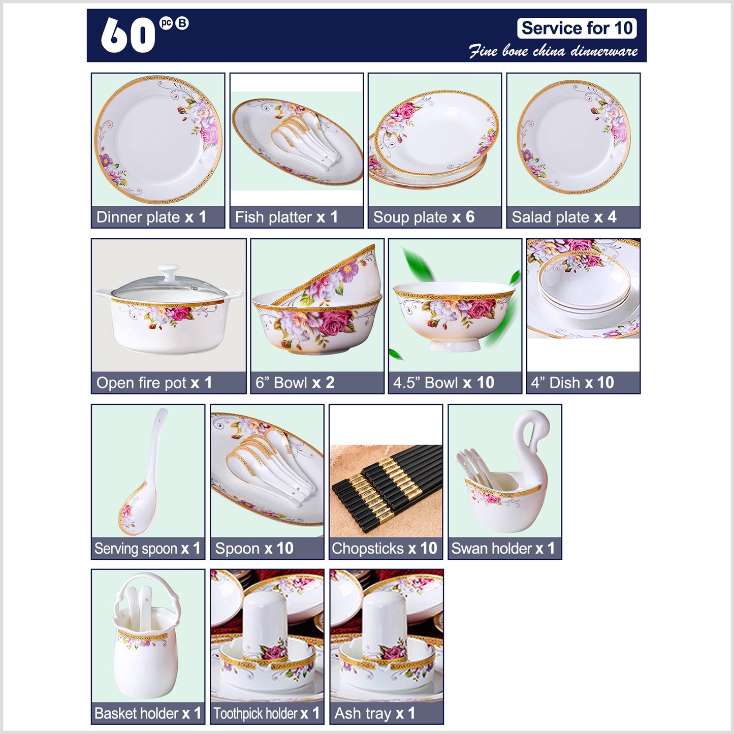 Bone China Dinnerware Set - Colorful Floral Motif & Decorative Rim