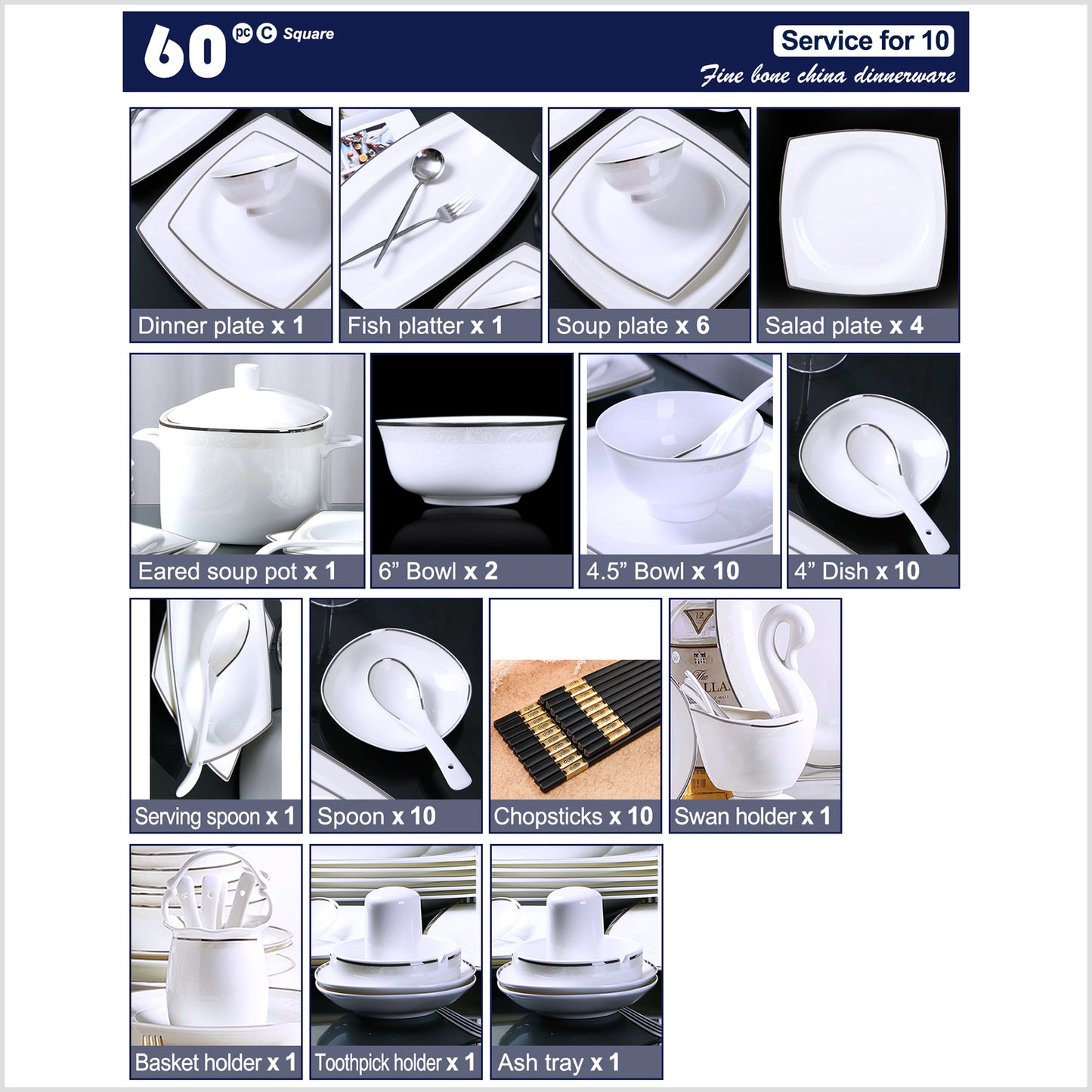 Bone China Dinnerware Set - Handcrafted Silver Inlay with Pattern in Relief