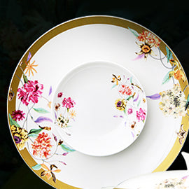 Luxury Bone China Dining Ware Collection - Enameling of Floral Motif in Golden Background