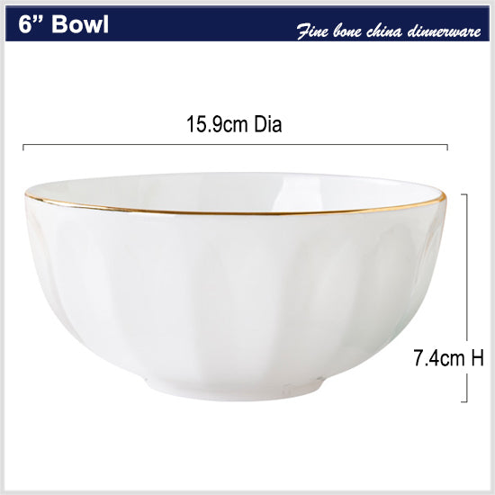 Bone China Tableware - Ribbed Bowl with Gold Rim