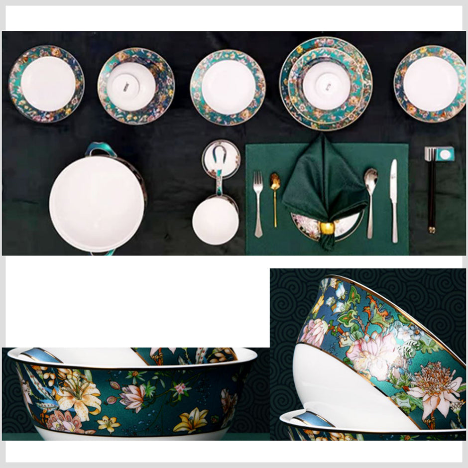 Luxury Bone China Dining Ware Collection - Enameling of Floral Motif in Green