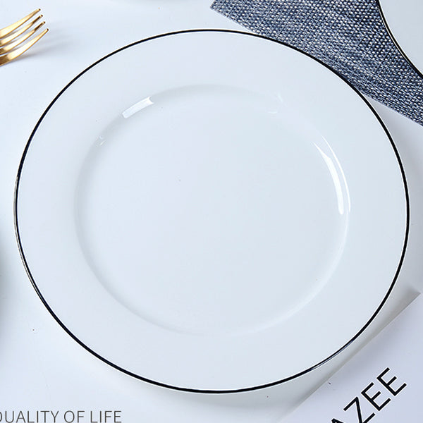 Bone China Flat Plate - White with Black Rim