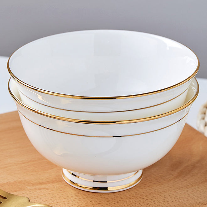 Bone China Round Bowl - White with Gold Rim & Foot