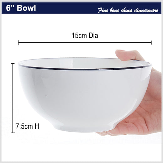 Bone China Round Bowl - White with Black Rim & Foot