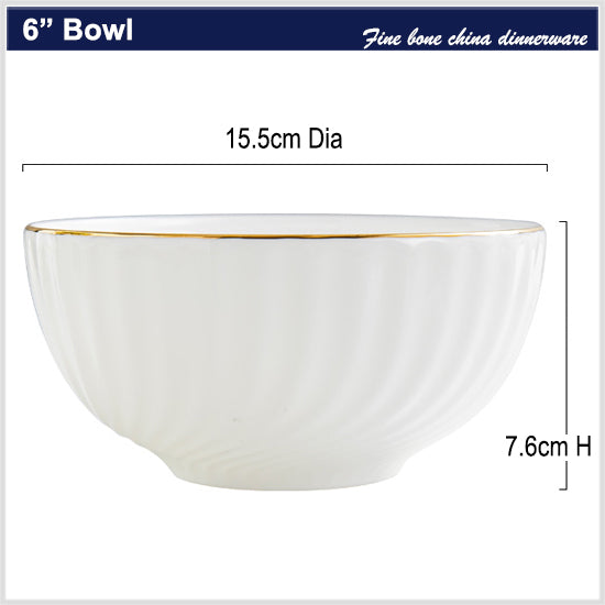 Bone China Round Bowl - Curved Ridges & Gold Rim